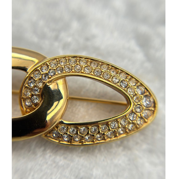 Vintage 1980s S.A.L. Gold Tone Double Oval Rhinestone Brooch Swarovski Pin - Picture 4 of 8